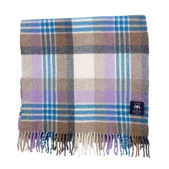J CREW Moon Plaid Scarf Fringe Woven in England Purple Tan Gray Blue